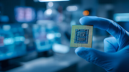 Hand holding microchip in cleanroom laboratory