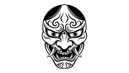 Intricate black and white stylized mask illustration with fierce features.