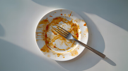Dirty plate with fork after finishing meal