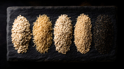 Various grains and seeds forming healthy food array