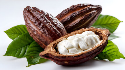 Cacao pods revealing raw cocoa beans and leaves