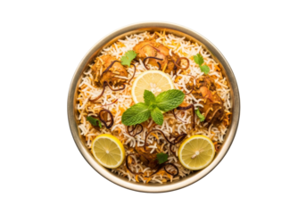 top view chicken biryani bowl with lemon and mint leaves