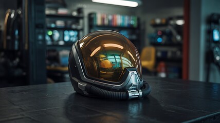 Sci-fi Astronaut Helmet on Workbench. Futuristic Spacecraft Pilot Headgear in Workshop