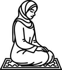Muslim woman praying in hijab simple line art illustration of Islamic devotion and spirituality isolated on white background