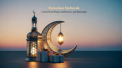 Ramadan Mubarak decorations with crescent moon and lanterns