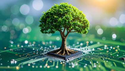 Tree grows from circuit board. Tech connects nature reflecting eco friendly innovation. Green sustainable tech concept shows modern solutions that integrate natural eco systems for positive planet