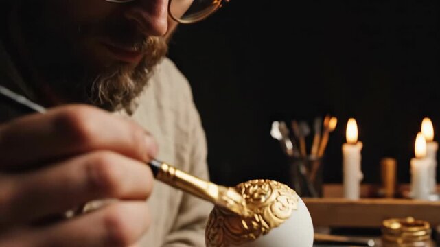 A craftsman painting an ornate Easter egg with gold paint. Close-up of an artist decorating a traditional holiday ornament. Handmade craft concept
