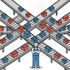 automated distribution center with conveyor belts and sorting worker for logistics websites, warehouse management systems, supply chain articles, shipping services, and ecommerce blogs