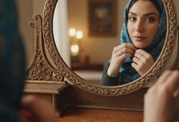Young Muslim woman adjusting her headscarf while looking in mirror  