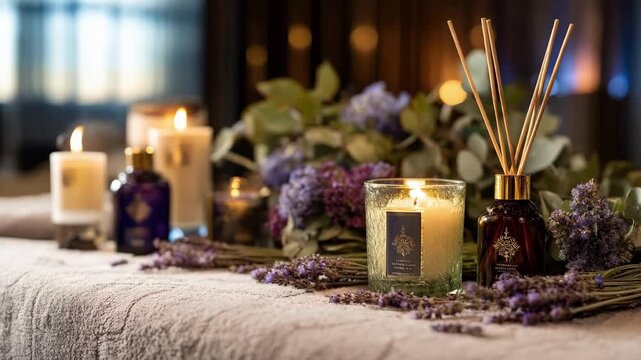 Closeup medium shot showcasing a spa table adorned with scattered lavender eucalyptus leaves and peppermint sprigs beside calming candles and diffusers.