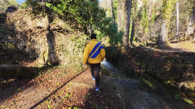 A person seen from behind walks along a path covered in fallen leaves next to the Golmayo River, exploring the beautiful and serene Fuentetoba waterfall area during the winter season in Spain.