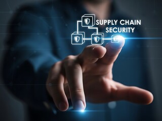 Businessman's hand interacting with a digital interface displaying a supply chain security flowchart