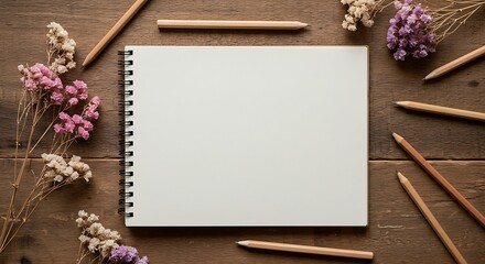 Blank Spiral Notebook with Pencils and Dried Flowers Top-Down