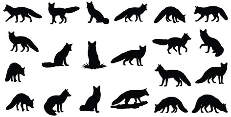Obraz premium Collection of diverse black fox silhouettes displaying various dynamic poses and natural behaviors against a stark white background suitable for graphic design projects