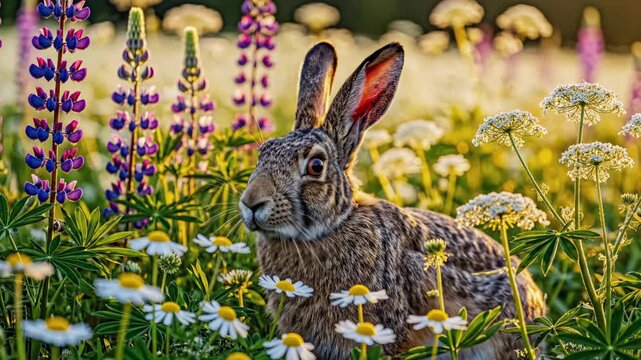 Easter rabbit sitting in a beautiful field of spring flowers. A wild hare in a sunlit meadow with lupines and daisies. Wildlife in nature