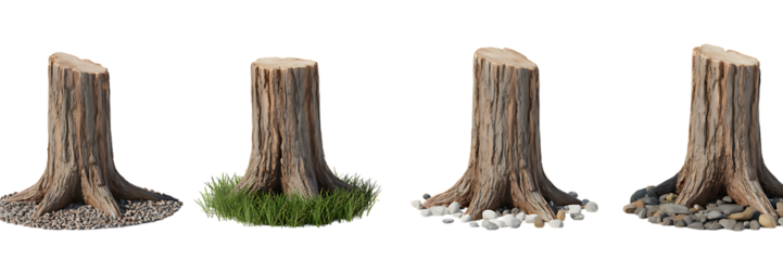 Series of tree stumps in different environments isolated on transparent background