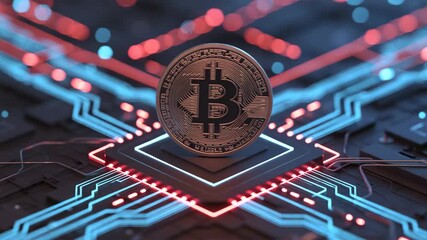 Closeup Bitcoin Cryptocurrency Coin on Futuristic Circuit Board with Blue and Red Lights - Powered by Adobe