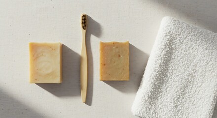 Bathroom Essentials Flat Lay Bamboo Toothbrush Towel Organic Soap