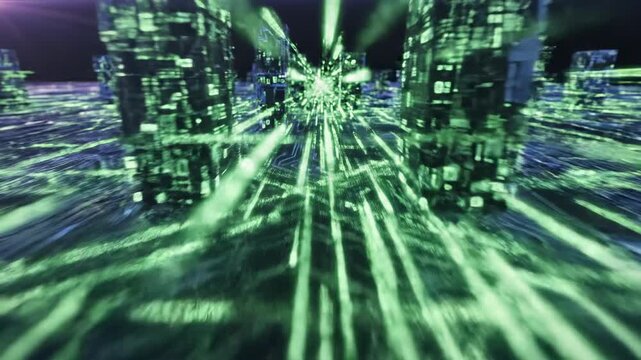 Abstract motion graphic animation visualizing a seamless loop of vibrant green data packets flowing rapidly through a digital circuit board matrix internet, processing, innovation