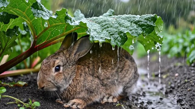 A cute brown rabbit shelters from the rain under a large green leaf. A small wild animal hiding in a garden during a summer downpour. Natural wildlife footage