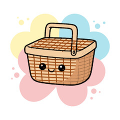 Halftone pop art dot brown woven picnic basket character with handle vector illustration