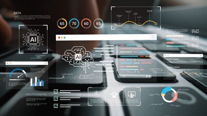 Futuristic Digital Interface Displaying AI Data Analysis and Metrics over a Laptop Keyboard with Graphs, Charts, and Visualizations Gluon.