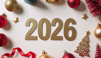 Flat lay Christmas composition with golden 2026 numbers and festive decorations on white background