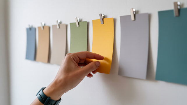 Professional close-up of human hands choosing a yellow paint swatch from modern color palette cards on white wall, interior design concept, bright lighting, shallow depth, minimal style.