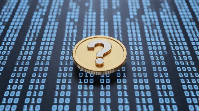 Golden coin with question mark on digital binary code background futuristic technology concept