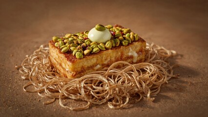 A sweet dessert topped with pistachios, a dollop of cream, and garnished with a few pistachios, placed on a bed of delicate spun sugar.