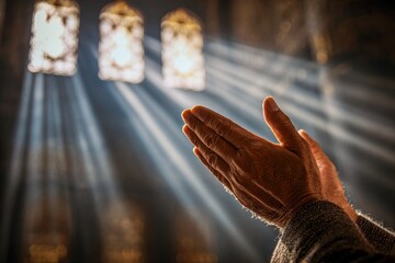 Older man in prayer religious space spiritual content soft lighting closeup perspective