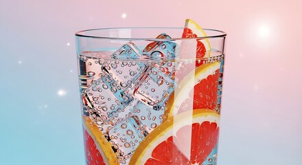 Refreshing grapefruit and ice drink in a tall glass with pastel gradient background