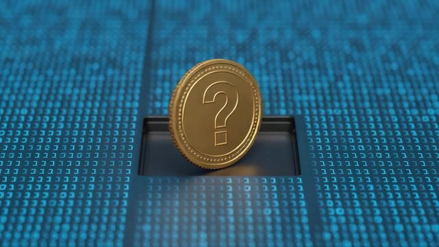 Golden question mark coin on digital binary code background futuristic technology concept