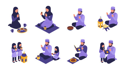 Isometric illustrations depict a Muslim family engaging in various religious activities, including prayer, breaking fast, and reading the Quran.