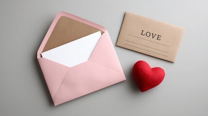 Valentine's day love letter in pastel pink envelope cozy minimalist home photography