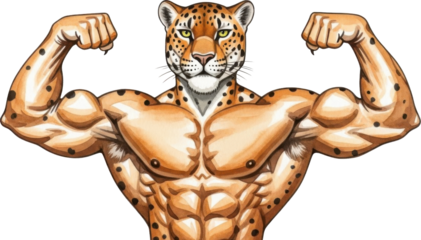 Muscular leopard flexing muscles in powerful pose isolated on transparent background