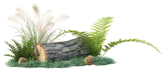 Forest floor with ferns and log isolated on transparent background