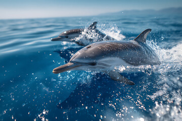 Fototapeta premium Close-up of Two Energetic Dolphins Surging Through Sun-Kissed Ocean Spray