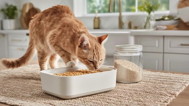 Cat interacting with a sleek selfcleaning litter box featuring sensor technology that detects usage for timely cleaning.