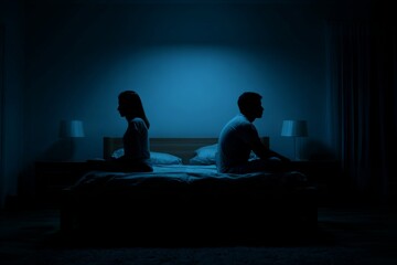 Couple sitting apart on bed in dark room during quiet nighttime emotional distance scene