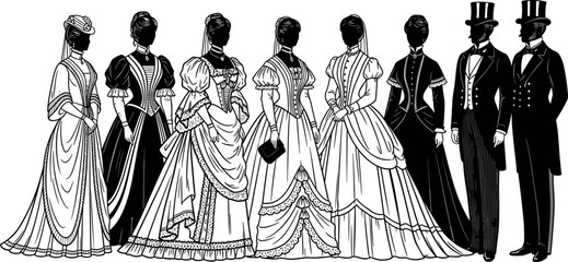 Victorian Era Formal Fashion Illustration Featuring Men and Women in Elegant Period Costumes Gowns Top Hats and Classic Tailored Suits