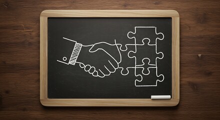 Rustic Texture Chalkboard with Handshake Puzzle Sketch Collaboration