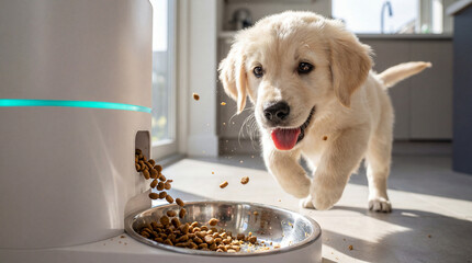 Golden retriever puppy running to automatic feeder in modern kitchen  