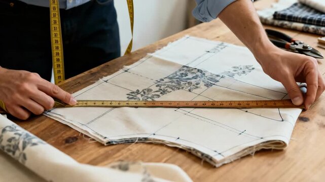 Craftsperson measuring physical fabric patterns by hand applying manual grading techniques to customize apparel sizes for varied body forms.