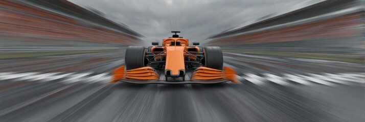Race car speeds through finish line at a wet track during a motorsport event in the afternoon