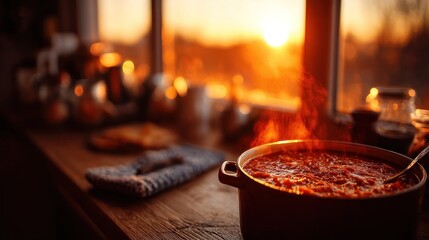 Cooking stew in a pot on a kitchen counter with sunlight coming through a window