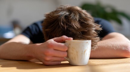 Person resting head on table while holding cup of coffee in a cozy indoor space