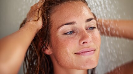 Woman enjoying a shower while washing her hair in a bathroom during the day