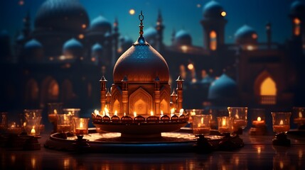 Ramadan Kareem and Eid Mubarak Backgrounds, Islamic Lanterns, Mosques, Festive Night Illustrations