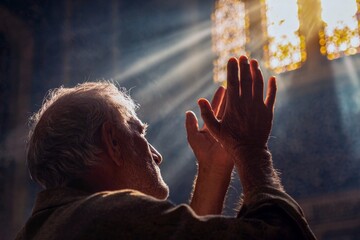 Spiritual serenity older man in church medium closeup - inspirational reflection in prayer